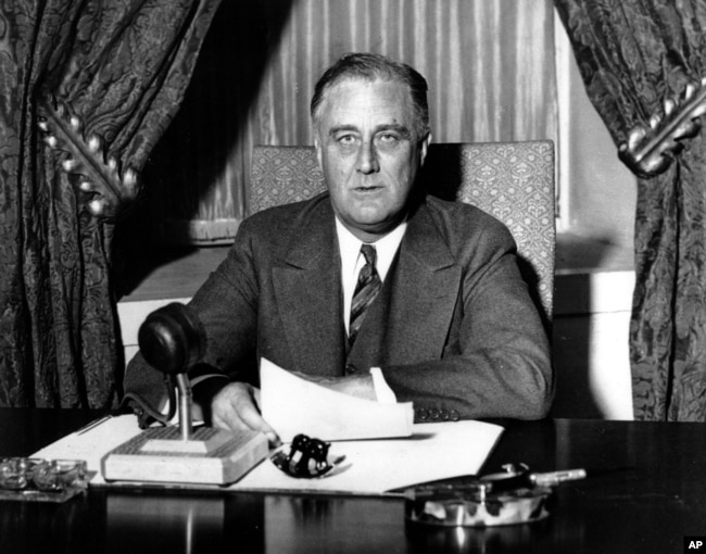 This photo was taken moments before U.S. President Franklin D. Roosevelt began his historic fireside chat to the American people on March 12, 1933. (AP Photo)