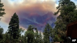 This July 17, 2013, image provided by Meagan Greene shows wildfire smoke near Idyllwild, California. The blaze about 100 miles east of Los Angeles had grown to more than 35 square miles in size and had destroyed several homes. 