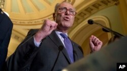 Senate Minority Leader Chuck Schumer of New York speaks at a news conference on Capitol Hill in Washington, July 18, 2017.