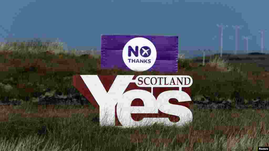 Plakat bertuliskan &quot;Ya&quot; dan &quot;Tidak&quot; dipasang di lapangan rumput di pulau Lewis, Skotlandia (14/9).&nbsp;(Reuters/Cathal McNaughton)