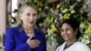 US Secretary of State Hillary Rodham Clinton gestures beside West Bengal Chief Minister Mamata Banerjee before a meeting in Kolkata, India, May 7, 2012.