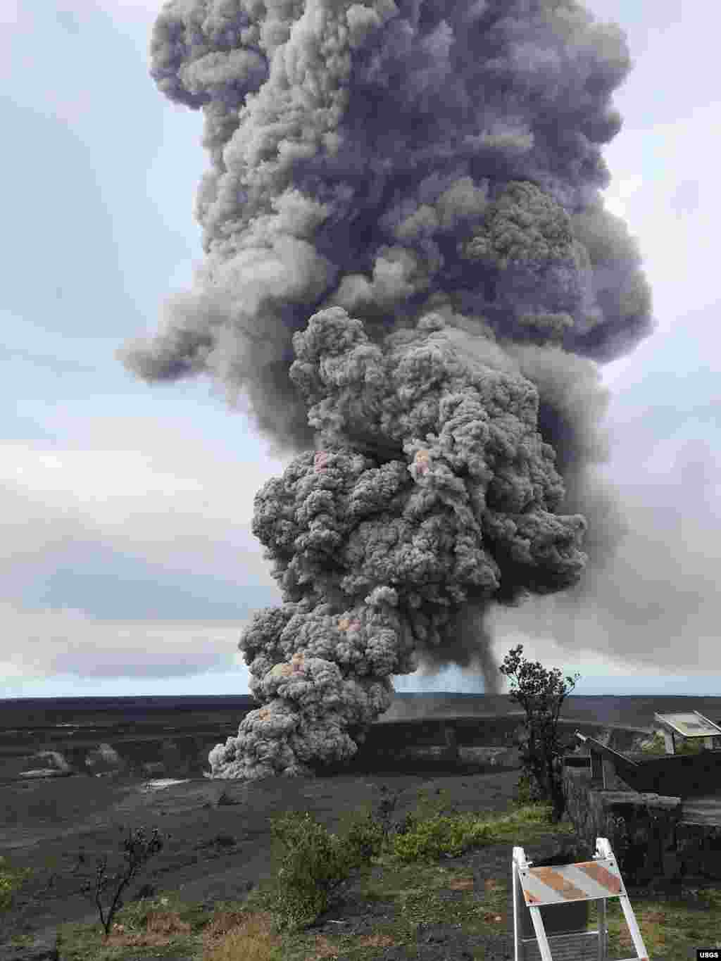 Ash column rises from the Overlook crater at the summit of Kīlauea Volcano, May 9, 2018. HVO&#39;s interpretation is that the explosion was triggered by a rockfall from the steep walls of Overlook crater.