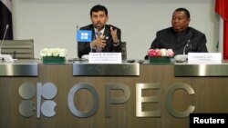 UAE's Oil Minister OPEC President Suhail Mohamed Al Mazrouei and OPEC Secretary General Mohammad Barkindo address a news conference after an OPEC meeting in Vienna, Austria, June 22, 2018.