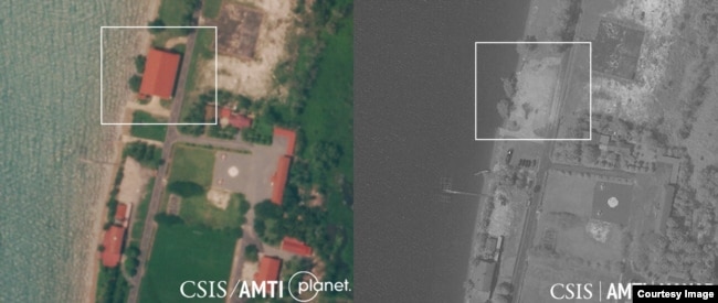 Before and after: Satellite imagery shows the Rigid-Hulled Inflatable Boat Maintenance Facility at Ream naval base was still standing on October 1 but had been completely dismantled by November 4. (Courtesy of CSIS Asia Maritime Transparency Initiative)