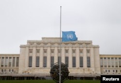 The United Nations flag flies at half-staff in memory of the victims of the Ethiopian Airlines plane crash, in Geneva, Switzerland, March 11, 2019.