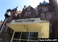 A building sits on the campus of Trinity College campus, a private college in Hartford, Connecticut.