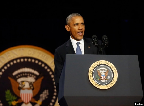 Presidenti Barack Obama duke mbajtur fjalimin e lamtumirës në Çikago, 10 janar, 2017.