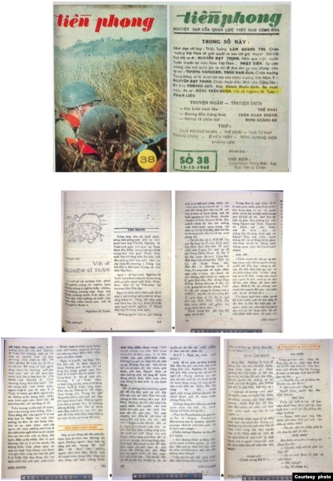 Bìa báo Tiền Phong số 38 (18.12.1968), với năm trang báo có bài viết đầu tiên của tác giả Phạm Liêu về trường hợp hy sinh của Y sĩ Trung úy Nghiêm Sỹ Tuấn, Y sĩ Tiểu đoàn 6 Nhảy Dù trên chiến trường Khe Sanh. [sưu tập của Trần Hoài Thư, thư viện Cornell 2021]