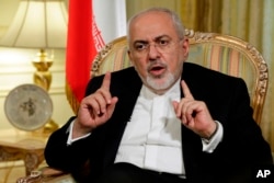 Iran's Foreign Minister Mohammad Javad Zarif is interviewed by The Associated Press, in New York, April 24, 2018.