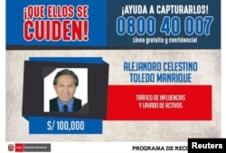 An international arrest warrant issued by Peru's Interior Ministry, offering 100,000 Peruvian soles ($31,000) for information on the whereabouts of former president Alejandro Toledo, is seen in Lima, Peru. (Peruvian Police/Handout)