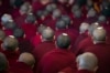 Exiled Tibetan Buddhist monks have ceremonial seeds on their shaven heads as they listen to a religious talk by their spiritual leader, the Dalai Lama, at the Tsuglakhang temple in Dharmsala, India, March 14, 2017.