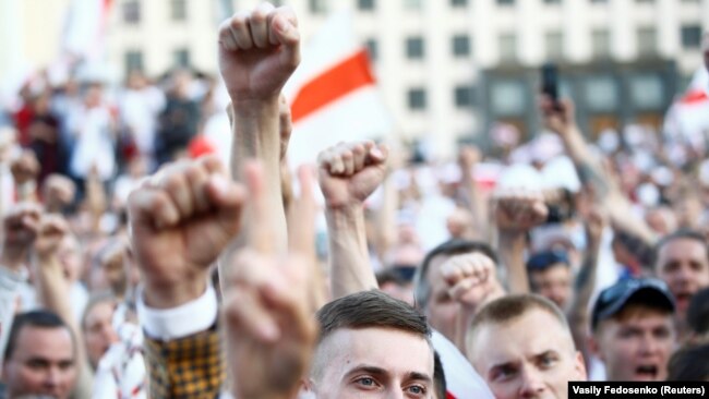 Belarus, Minsk, People take part in a protest against the presidential election results demanding the resignation of Belarusian President Alexander Lukashenko