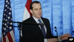 FILE - President Barack Obama's envoy to the U.S.-led coalition against the Islamic State, Brett McGurk, is seen speaking to reporters during a news conference.