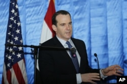 FILE - President Barack Obama's envoy to the U.S.-led coalition against the Islamic State, Brett McGurk, is seen speaking to reporters during a news conference.