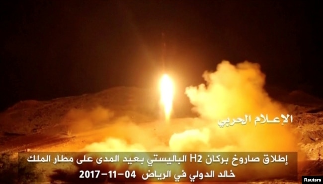 An image taken from a video distributed by Yemen's pro-Houthi Al Masirah television station on Nov. 5, 2017, shows what it claims was the launch by Houthi forces of a ballistic missile aimed at Riyadh's King Khaled Airport on Saturday.