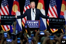 Republican presidential candidate Donald Trump speaks during a campaign rally in Colorado Springs, Colo. , July 29, 2016.