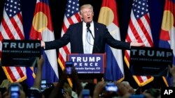 FILE - Republican presidential candidate Donald Trump speaks during a campaign rally in Colorado Springs, Colorado, July 29, 2016.