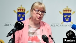 Eva-Maria Persson, Wakil Direktur Penuntut Umum Swedia berbicara di Stockholm, Senin (13/5).