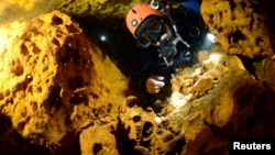 A scuba diver looks at an animal skull at Sac Aktun underwater cave system during exploration as part of the Gran Acuifero Maya Project near Tulum, in Quintana Roo state, Mexico, Feb. 12, 2014.