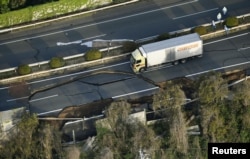 Kyushu Expressway was damaged by an earthquake in Mashiki town, Kumamoto prefecture, southern Japan, April 15, 2016.