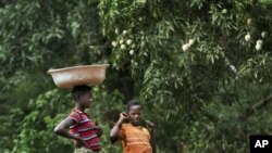 Des habitants marchent sur la route d'Obo, en Centrafrique, le 29 avril 2012.