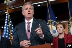 House Minority Leader Kevin McCarthy, R-Calif., speaks to reporters at the Capitol in Washington, Feb. 13, 2019.