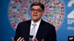 FILE - Treasury Secretary Jacob Lew speaks during a news conference during the International Monetary Fund and World Bank meetings in Washington, April 17, 2015.