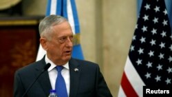 FILE - U.S. Secretary of Defense James Mattis attends a news conference at Libertador Building in Buenos Aires, Argentina, Aug. 15, 2018. 