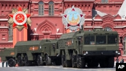 FILE - Iskander missile launchers are part of the Victory Parade marking the 70th anniversary of the defeat of the Nazis, in Red Square in Moscow, Russia, May 9, 2015. Russia airlifted its state-of-the art Iskander missiles to the Kaliningrad region in a show of its rapid deployment capability. 