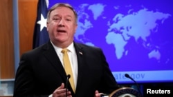 FILE - U.S. Secretary of State Mike Pompeo speaks at the State Department in Washington, Oct. 3, 2018.