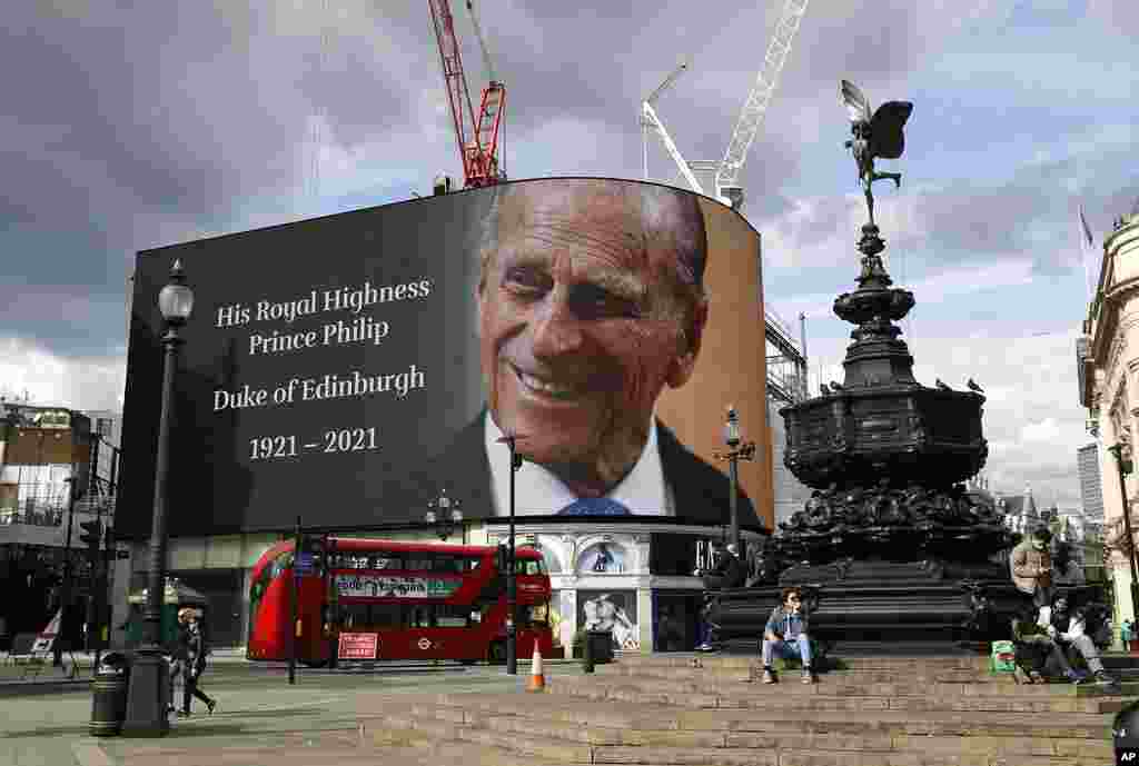 A tribute to Britain&#39;s Prince Philip is projected onto a large screen at Piccadilly Circus in London, after the announcement of the duke&#39;s death.