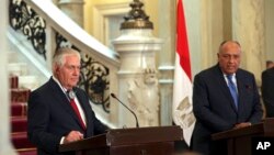 Secretary of State Rex Tillerson (L) and Egyptian Foreign Minister, Sameh Shoukry hold a press conference after their meeting, at Tahrir Palace, in Cairo, Egypt, Feb. 12, 2018. 