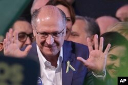 Brazil's Presidential candidate and former governor of Sao Paulo, Geraldo Alckmin, arrives to attend the national convention of the Social Democratic Party, in Brasilia, Brazil, Aug. 4, 2018.