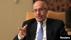 Mohamed El-Baradei speaks during an interview in his Cairo home, November 24, 2012 file photo. 