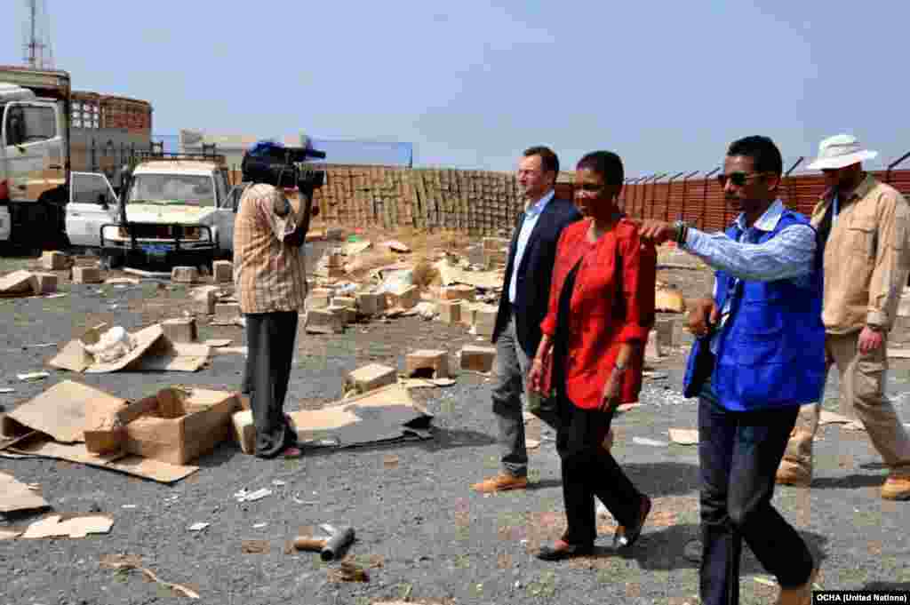 U.N. Under-Secretary-General for Humanitarian Affairs Valerie Amos tours the compound of an aid agency in Malakal that was looted in recent fighting in the South Sudan town.