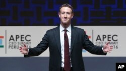 Mark Zuckerberg, chairman and CEO of Facebook, speaks at the CEO summit during the annual Asia Pacific Economic Cooperation (APEC) forum in Lima, Peru, Saturday, Nov. 19, 2016. 