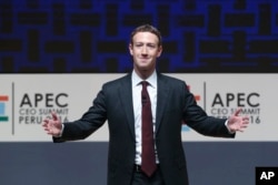 Mark Zuckerberg, chairman and CEO of Facebook, speaks at the CEO summit during the annual Asia Pacific Economic Cooperation (APEC) forum in Lima, Peru, Saturday, Nov. 19, 2016.