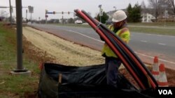 One of the world's largest internet exchanges operates in the town of Ashburn, Virginia. Data flows across the area through a huge collection of underground cables made of fiber-optic material. (VOA from video)