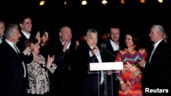 Hungarian Prime Minister Viktor Orban addresses supporters after the announcement of the partial results of parliamentary election in Budapest, April 8, 2018.