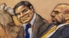 Sketsa gembong narkoba Meksiko Joaquin “El Chapo” Guzman (kiri) bersama pengacaranya A. Eduardo Balarezo, saat hadir dalam sidang di pengadilan Brooklyn, New York. 