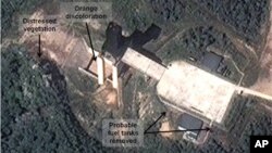 This Sept. 17 satellite image provided by DigitalGlobe and annotated by the U.S.-Korea Institute shows a facility in Sohae, N. Korea where analysts believe rocket engines have been tested. 