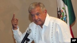 Presidential hopeful Andres Manuel Lopez Obrador gives a press conference in Mexico City, June 9, 2017. 