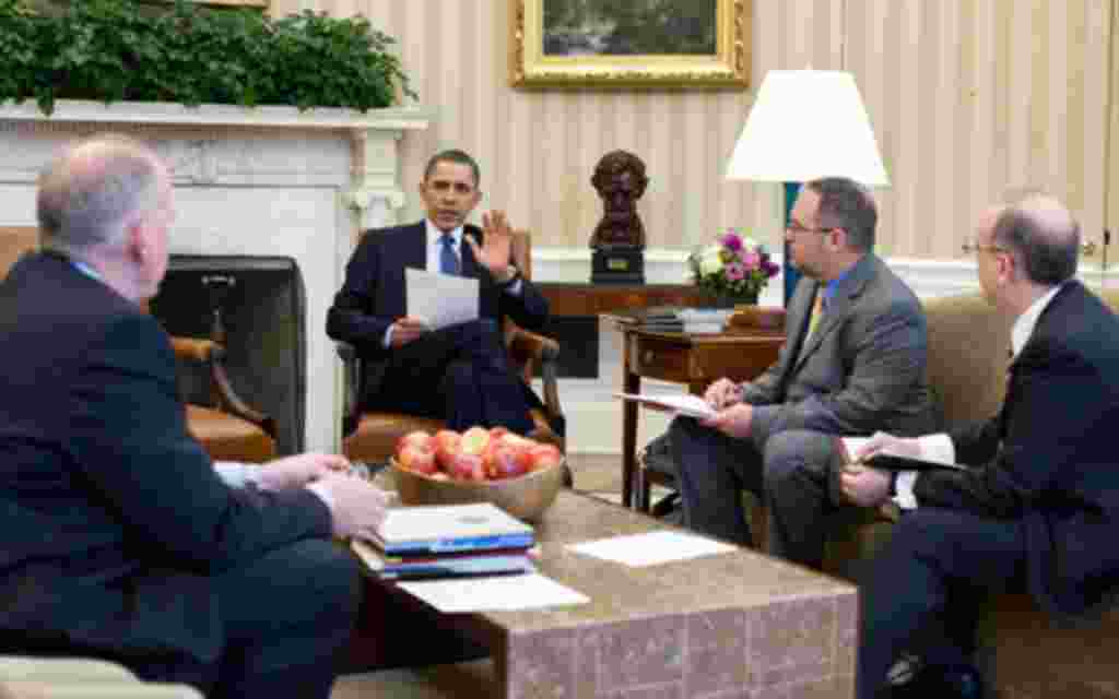 President Barack Obama receives a briefing on the earthquake in Japan and the tsunami warnings across the Pacific in the Oval Office, March 11, 2011. Briefing the President, from left, are: Assistant to the President for Homeland Security John Brennan; Na