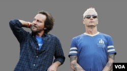 Eddie Vedder, (l-r), as lead singer of the rock band Pearl Jam, and Mike McCready, as Pearl Jam guitarist, graphic element on gray.
