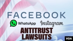 FACEBOOK, WhatsApp and Instagram logos, on texture with ANTITRUST LAWSUITS lettering, finished graphic