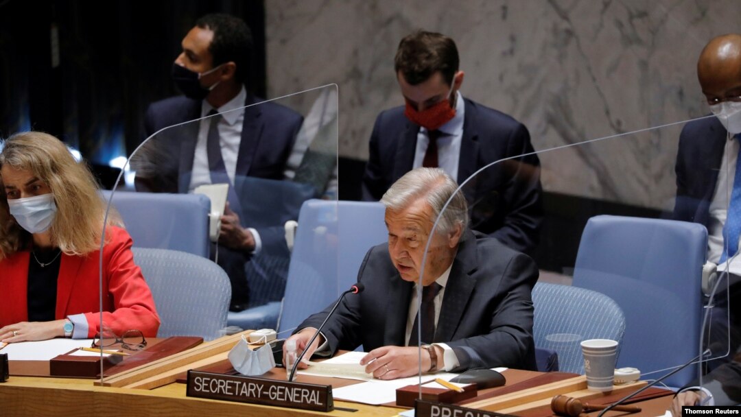 Umunyamabanga mukuru wa ONU, Antonio Guterres ashikiriza ijambo mu nama ya ONU ijejwe amahoro n'umutekano
