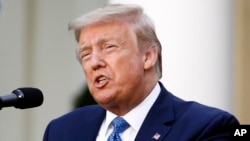 President Donald Trump speaks in the Rose Garden of the White House, Monday, June 1, 2020, in Washington. (AP Photo/Patrick Semansky)