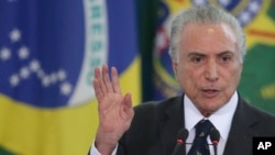 Brazil's President Michel Temer says in a radio interview, April 6, 2017, he has authorized the lawmaker sponsoring the plan to alter its terms as long as he maintains the bill's minimum retirement age.