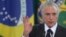 Brazil's President Michel Temer speaks during a swearing ceremony for the newly-named Foreign Minister Aloysio Nunes and Justice Minister Osmar Serraglio, at the Planalto Presidential Palace, in Brasilia, Brazil, March 7, 2017.