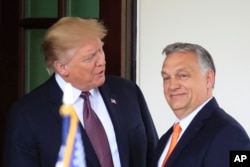FILE - Then-President Donald Trump welcomes Hungarian Prime Minister Viktor Orban to the White House in Washington on May 13, 2019.